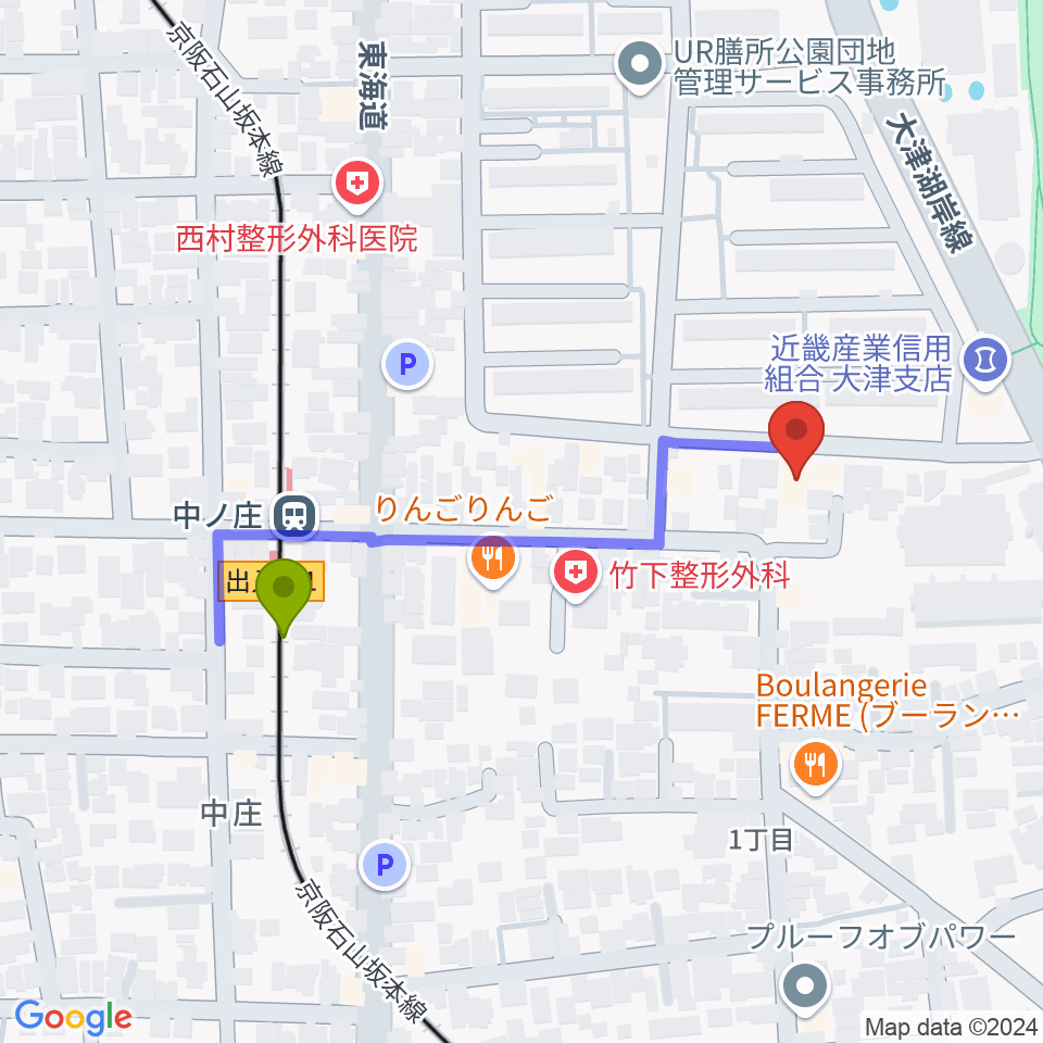 大津市フィガロホールの最寄駅中ノ庄駅からの徒歩ルート（約4分）地図