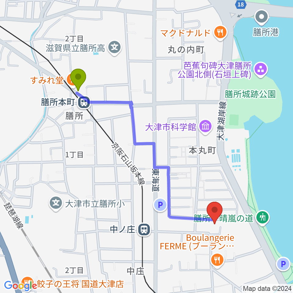 膳所本町駅から大津市フィガロホールへのルートマップ地図