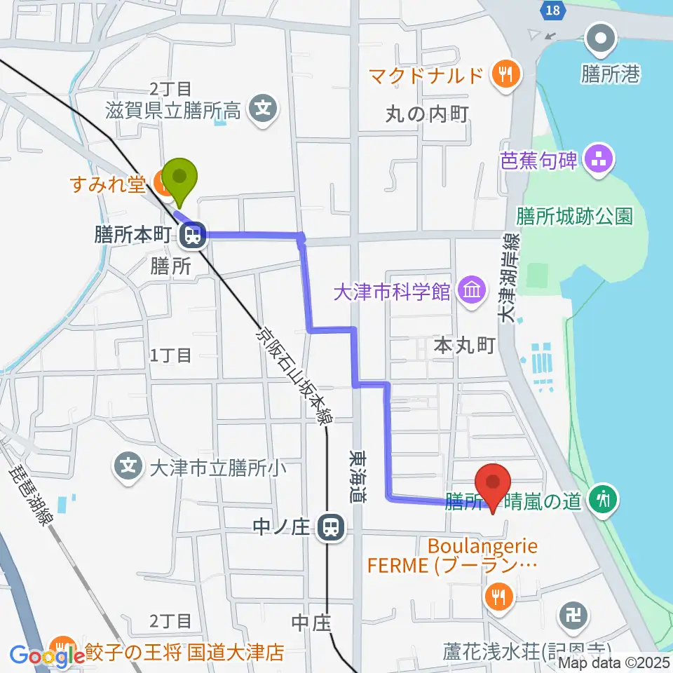 膳所本町駅から大津市フィガロホールへのルートマップ地図