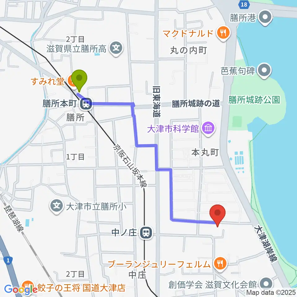 膳所本町駅から大津市フィガロホールへのルートマップ地図