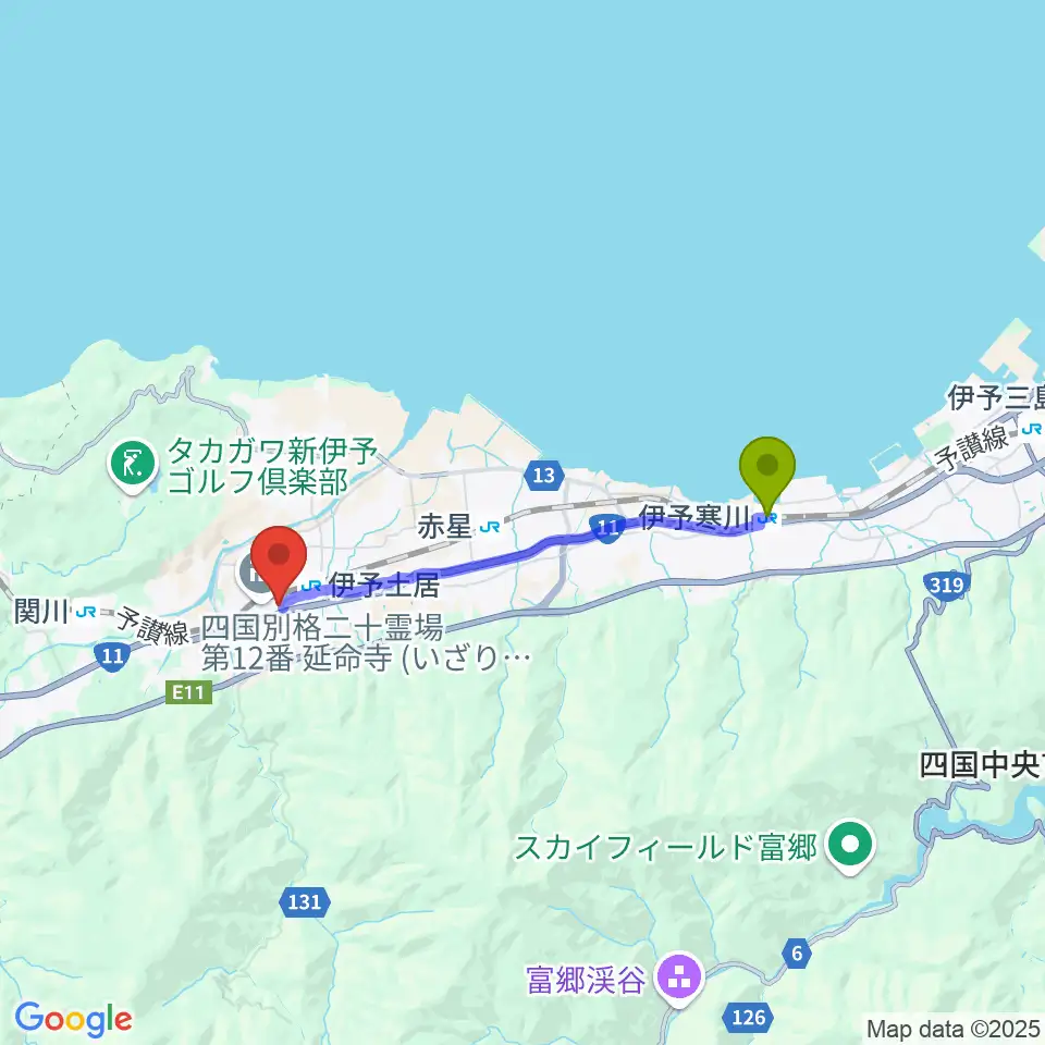 伊予寒川駅から土居文化会館ユーホールへのルートマップ地図