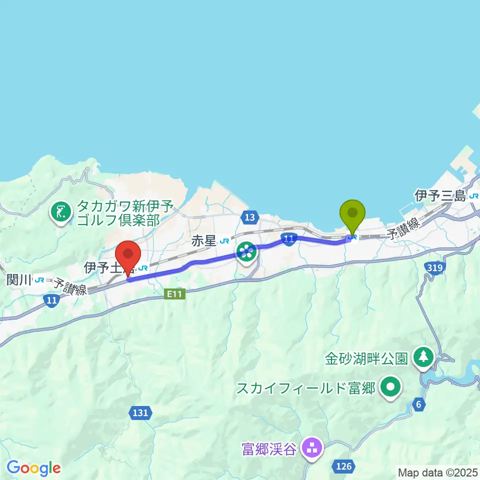 伊予寒川駅から土居文化会館ユーホールへのルートマップ地図