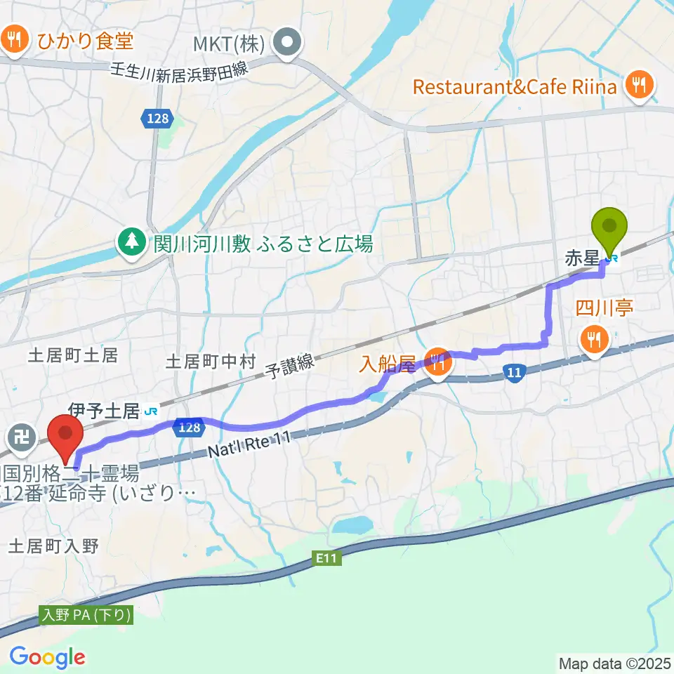赤星駅から土居文化会館ユーホールへのルートマップ地図