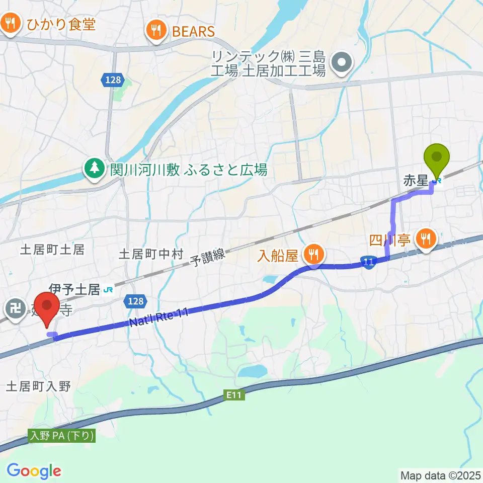 赤星駅から土居文化会館ユーホールへのルートマップ地図