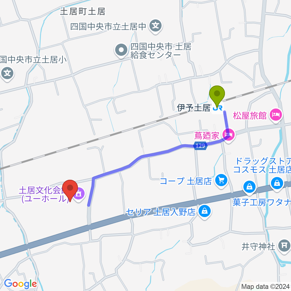 土居文化会館ユーホールの最寄駅伊予土居駅からの徒歩ルート（約10分）地図