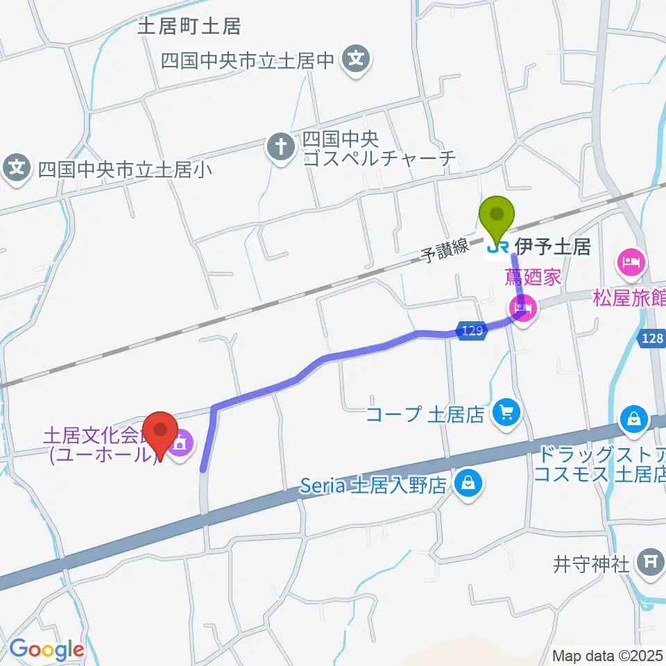 土居文化会館ユーホールの最寄駅伊予土居駅からの徒歩ルート（約10分）地図