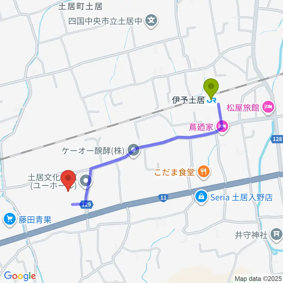 土居文化会館ユーホールの最寄駅伊予土居駅からの徒歩ルート（約10分）地図