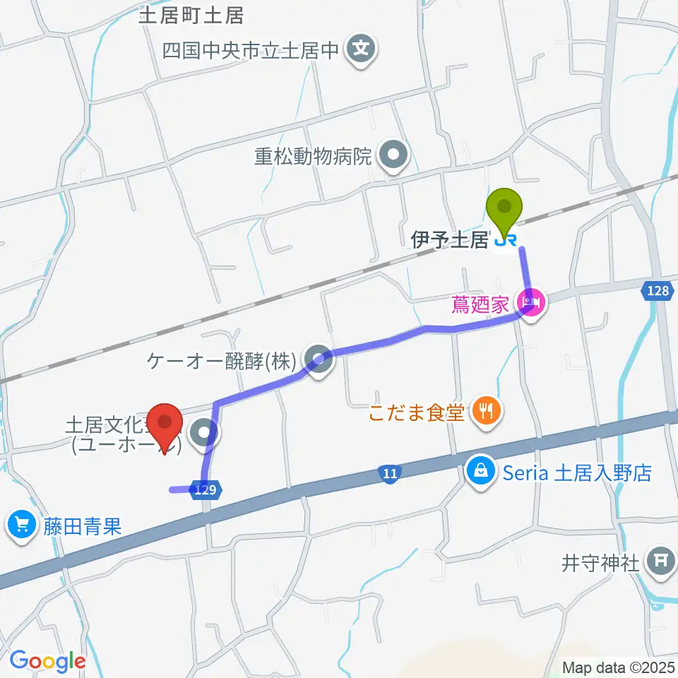 土居文化会館ユーホールの最寄駅伊予土居駅からの徒歩ルート（約9分）地図