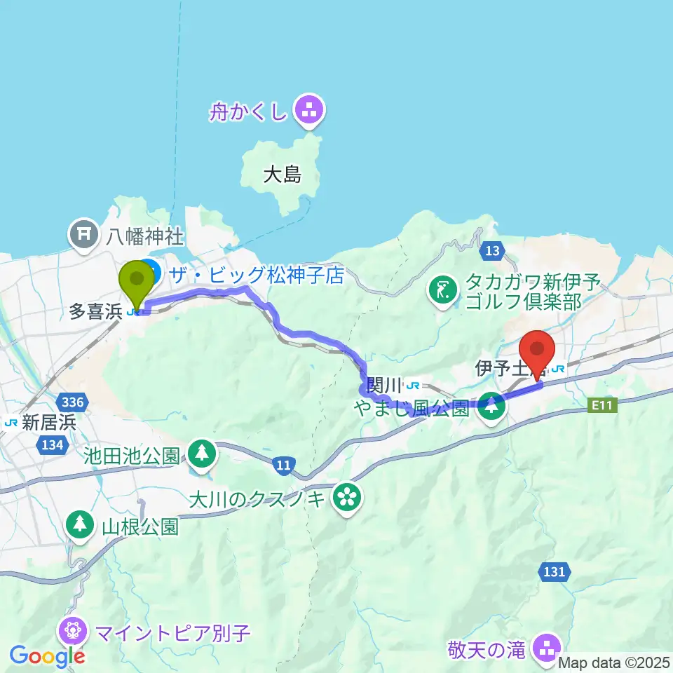 多喜浜駅から土居文化会館ユーホールへのルートマップ地図