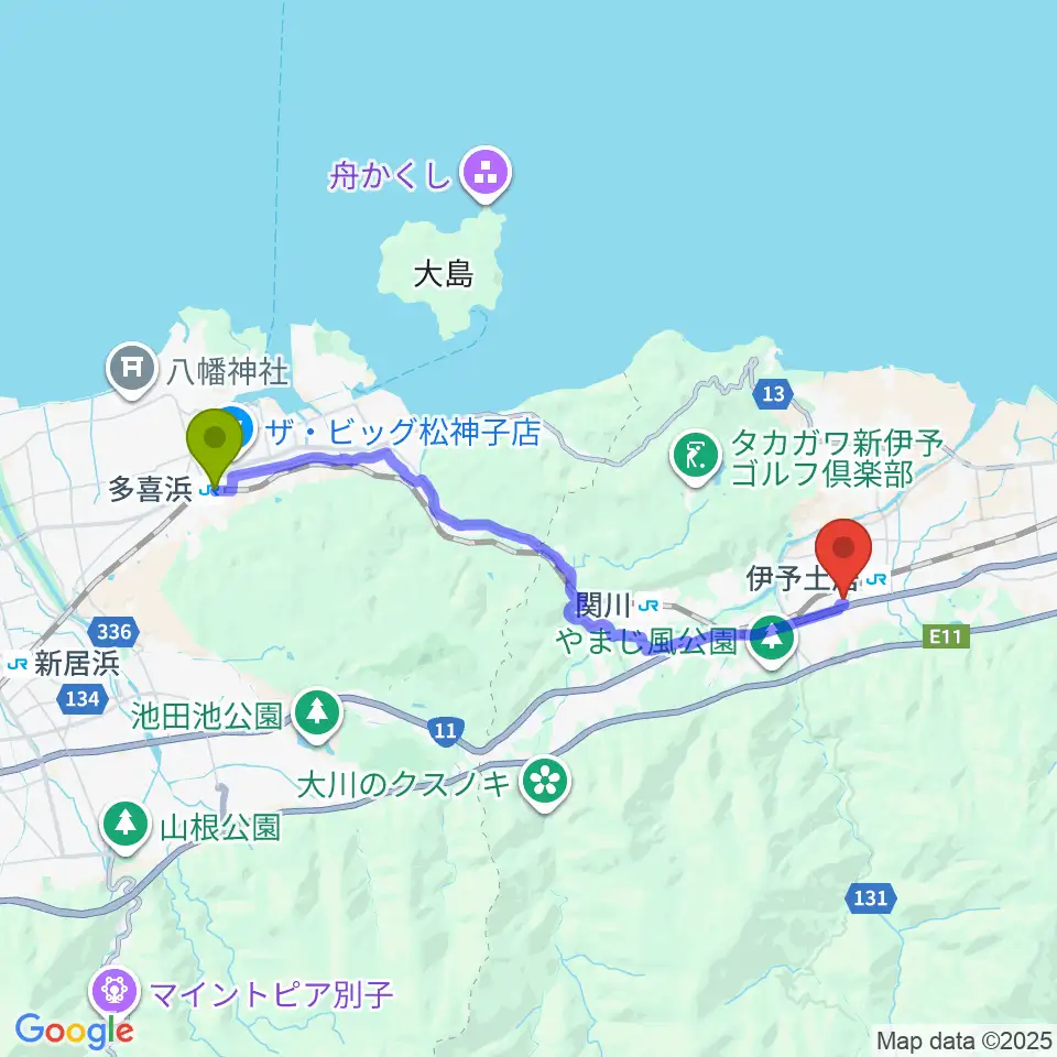 多喜浜駅から土居文化会館ユーホールへのルートマップ地図