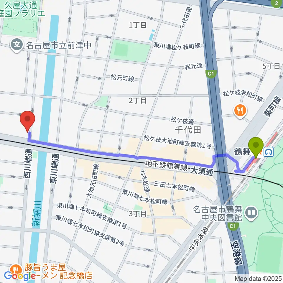 鶴舞駅から名古屋大須OYSへのルートマップ地図