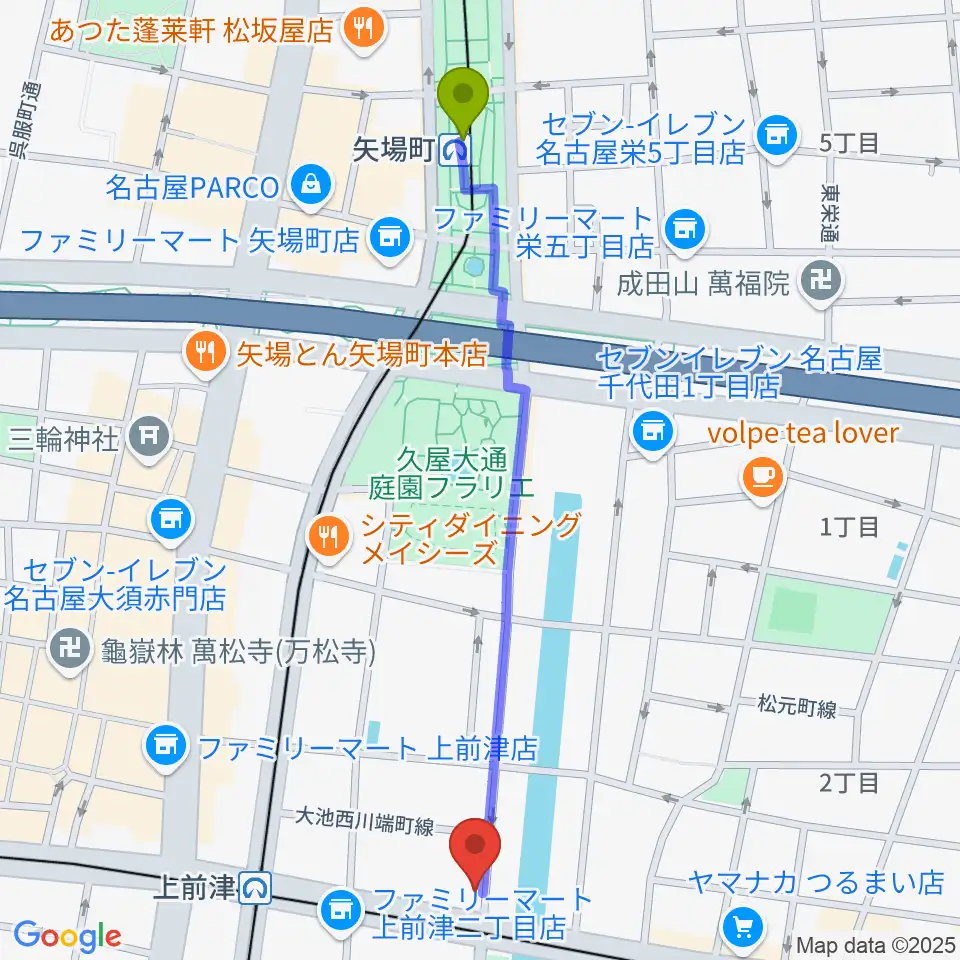 矢場町駅から名古屋大須OYSへのルートマップ地図