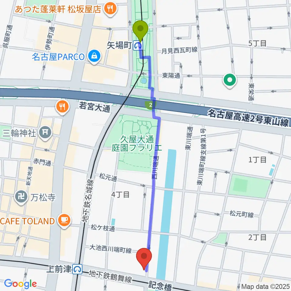 矢場町駅から名古屋大須OYSへのルートマップ地図