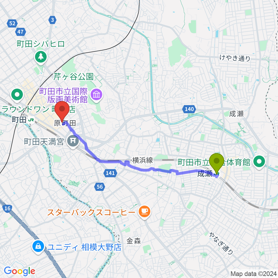 成瀬駅から町田市民フォーラムへのルートマップ地図