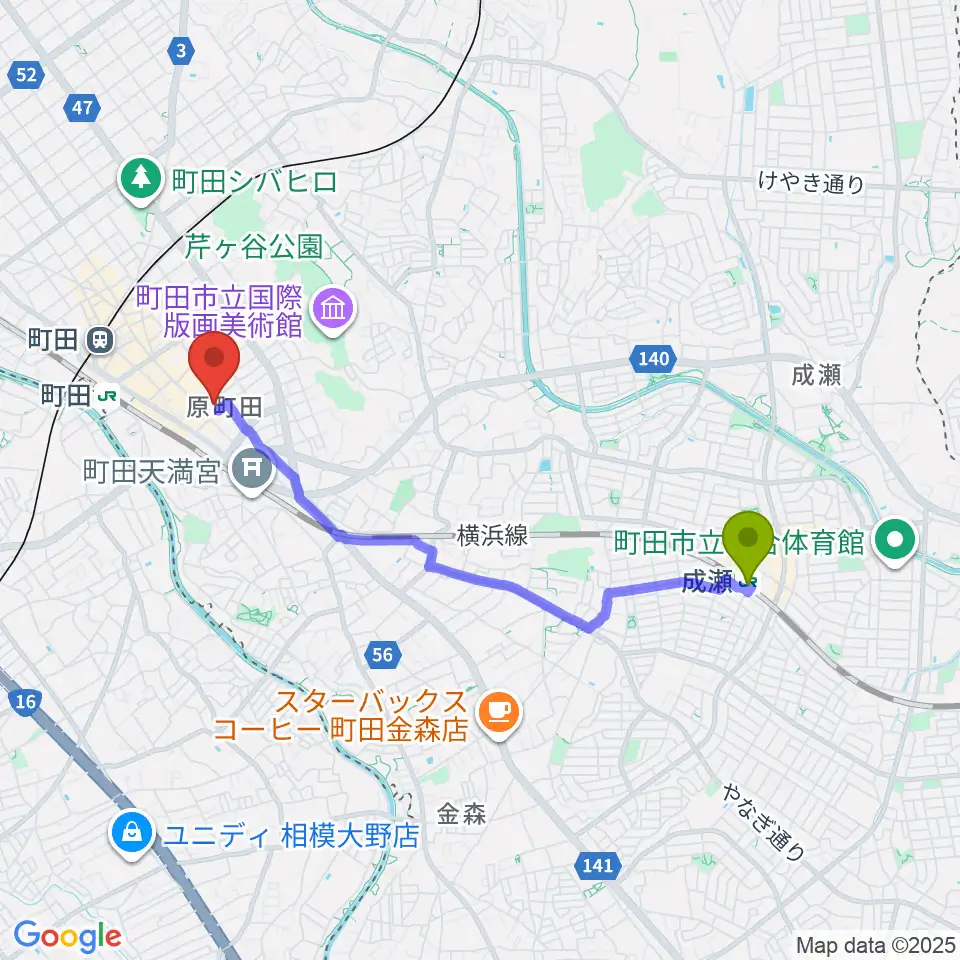 成瀬駅から町田市民フォーラムへのルートマップ地図