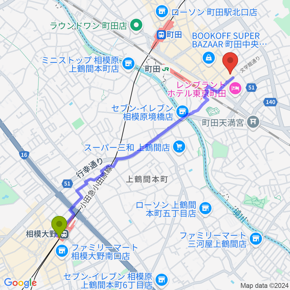 相模大野駅から町田市民フォーラムへのルートマップ地図