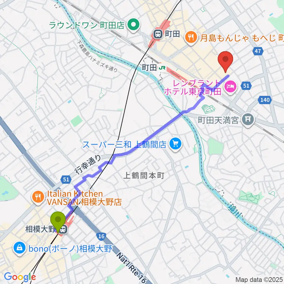 相模大野駅から町田市民フォーラムへのルートマップ地図