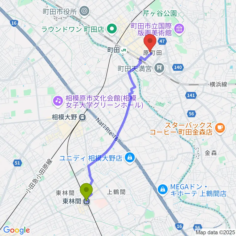 東林間駅から町田市民フォーラムへのルートマップ地図
