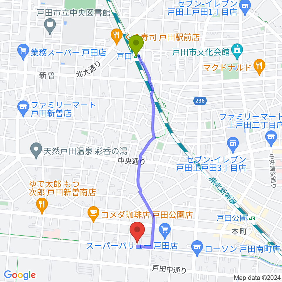 戸田駅からさくらパル 新曽南多世代交流館へのルートマップ地図