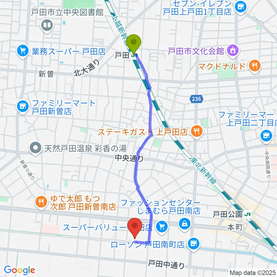 戸田駅からさくらパル 新曽南多世代交流館へのルートマップ地図