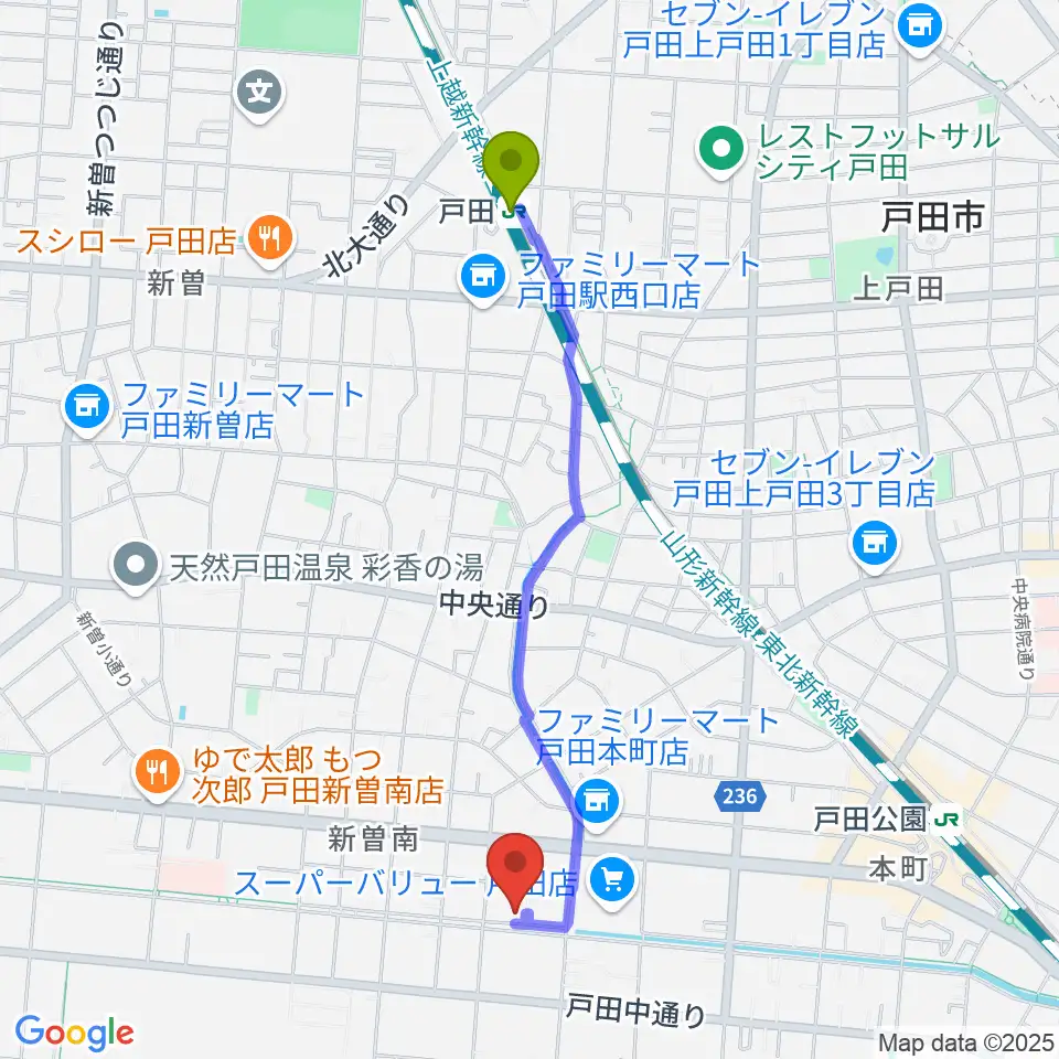 戸田駅からさくらパル 新曽南多世代交流館へのルートマップ地図