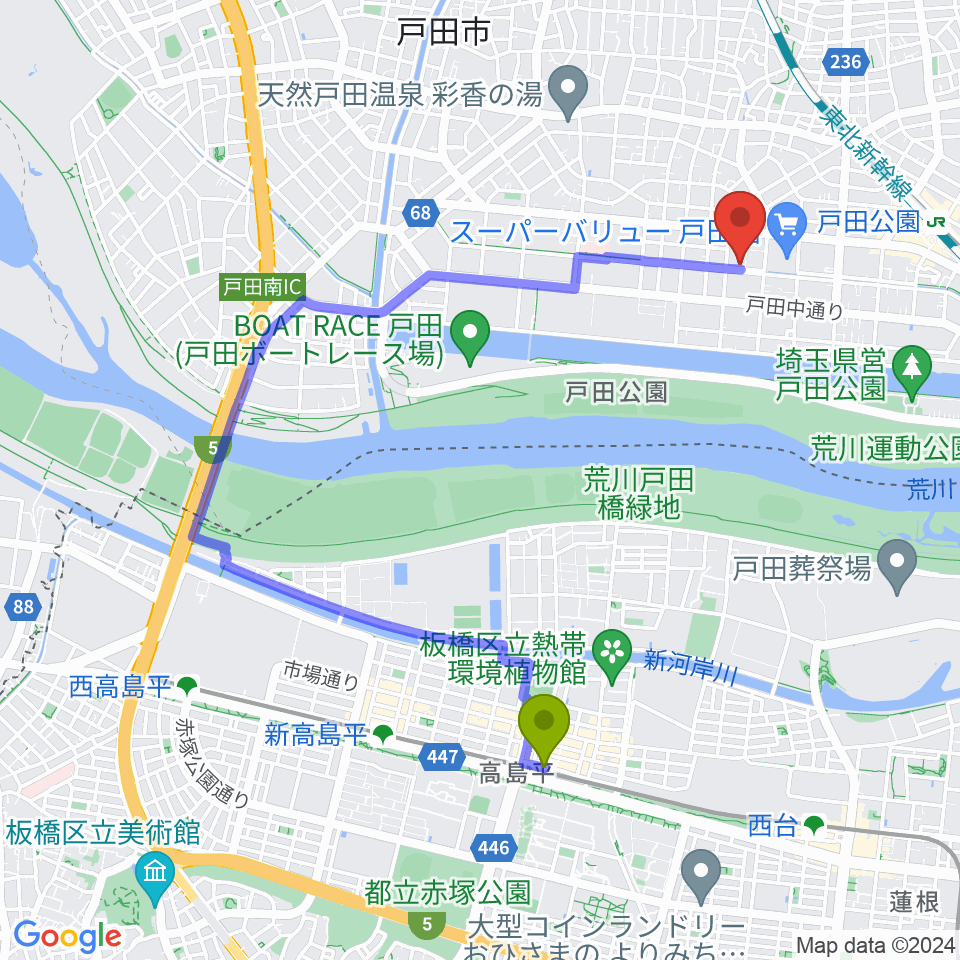 高島平駅からさくらパル 新曽南多世代交流館へのルートマップ地図