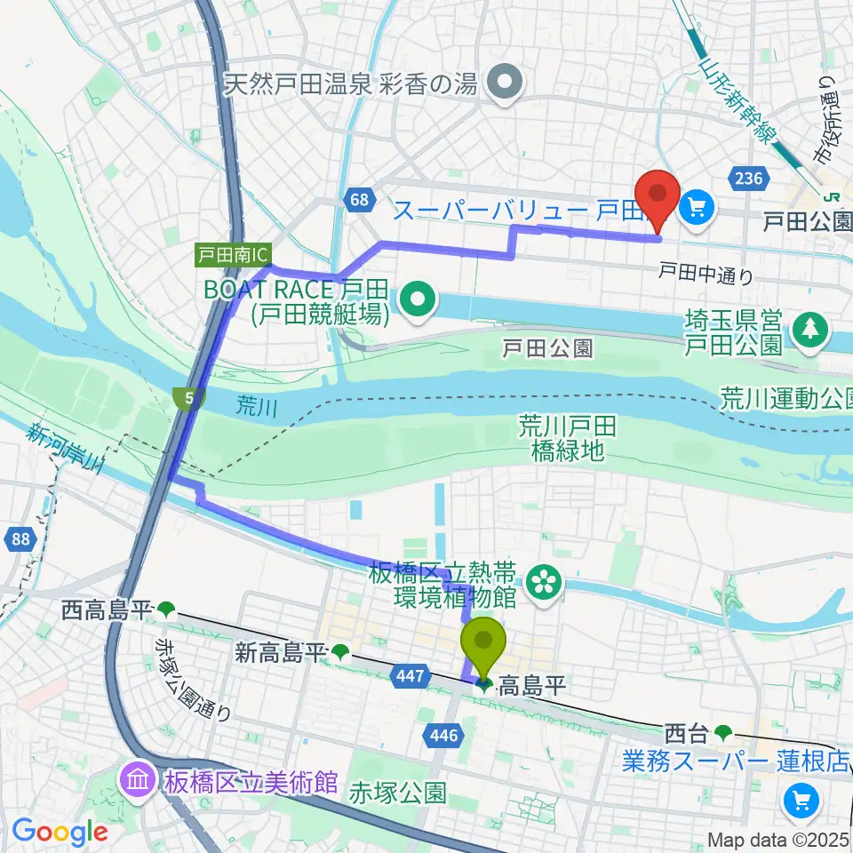 高島平駅からさくらパル 新曽南多世代交流館へのルートマップ地図