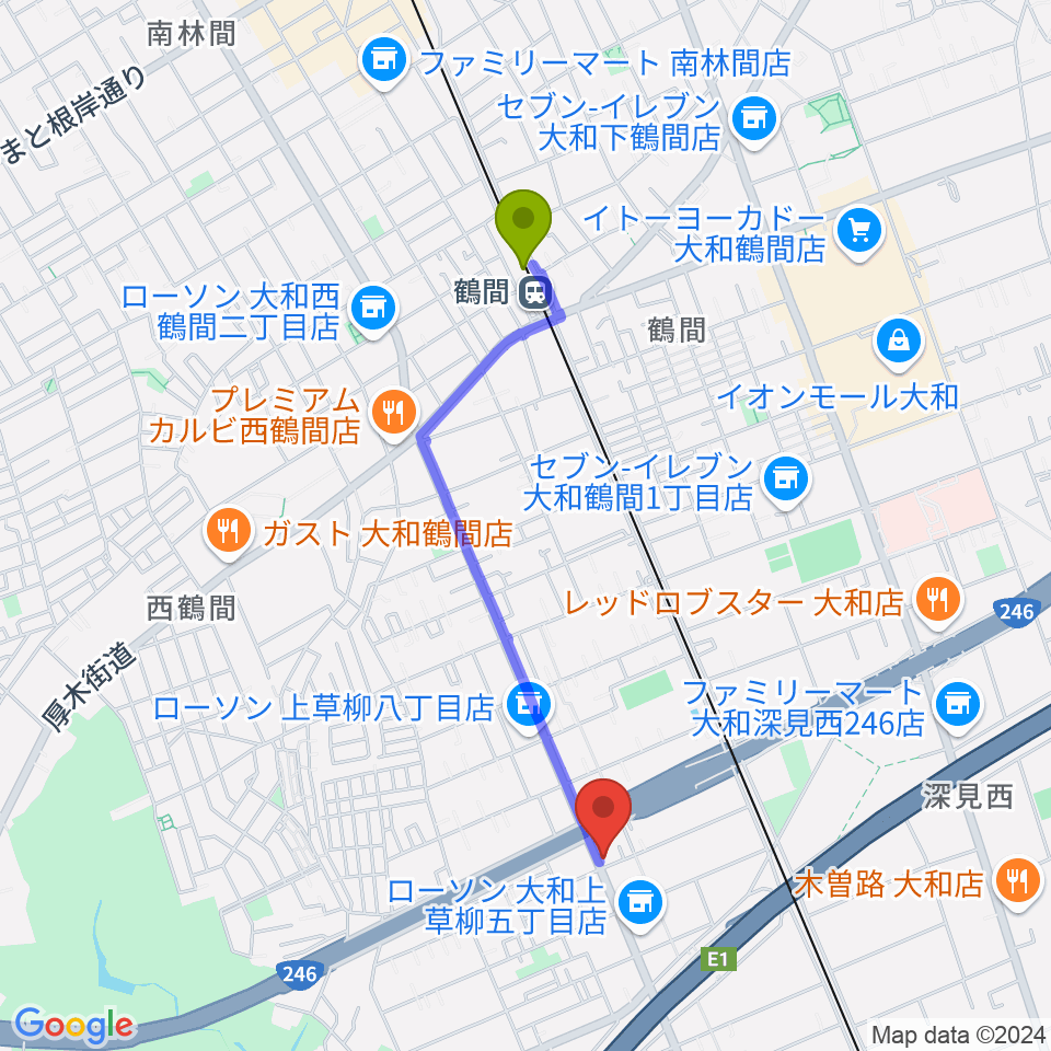 ウイスタリアピアノの最寄駅鶴間駅からの徒歩ルート（約18分）地図