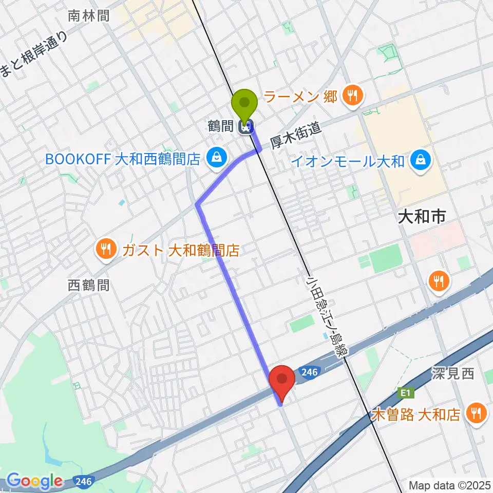 ウイスタリアピアノの最寄駅鶴間駅からの徒歩ルート（約18分）地図