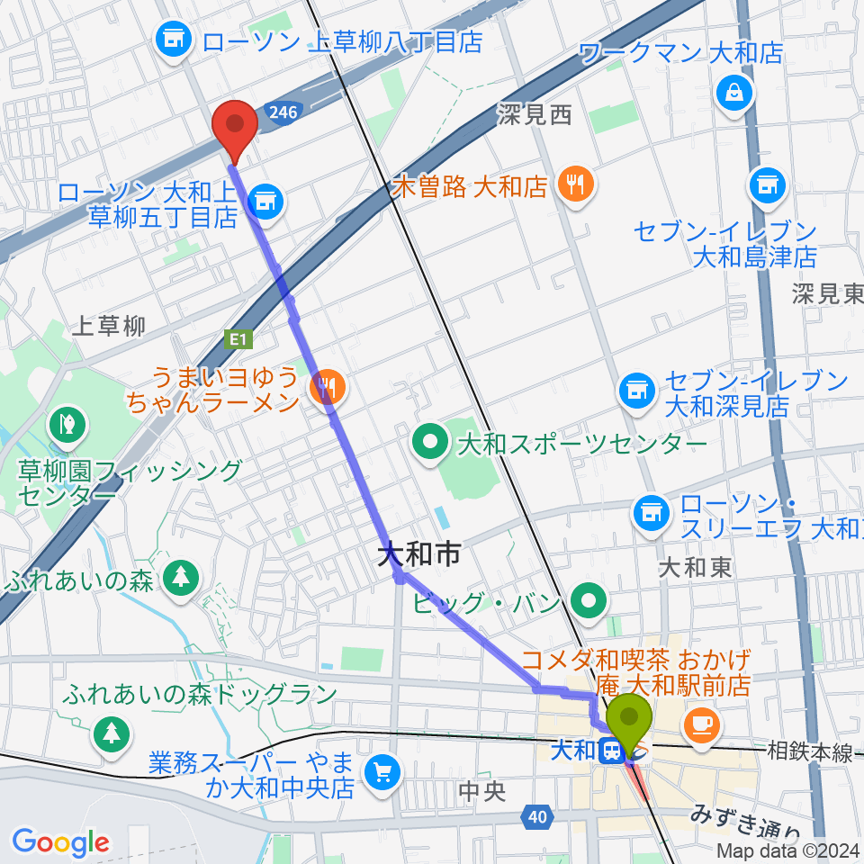 大和駅からウイスタリアピアノへのルートマップ地図