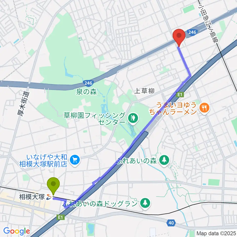 相模大塚駅からウイスタリアピアノへのルートマップ地図