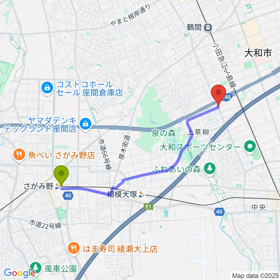 さがみ野駅からウイスタリアピアノへのルートマップ地図
