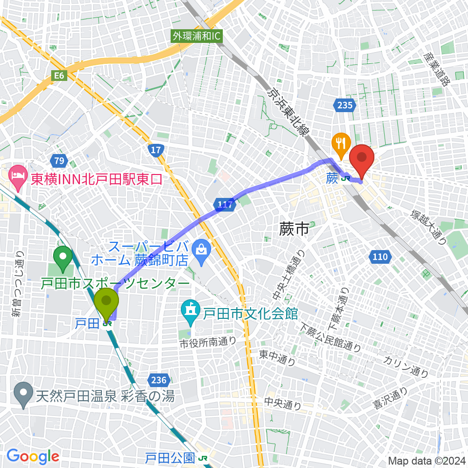 戸田駅から蕨OurDelightへのルートマップ地図