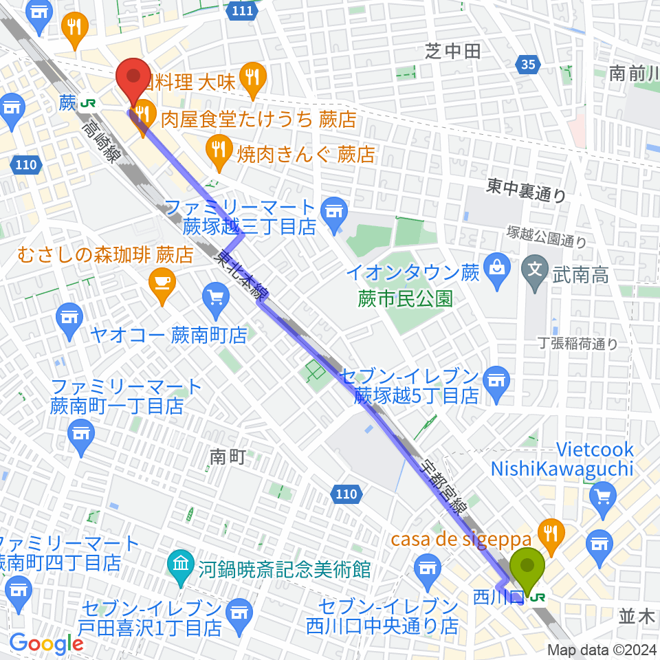 西川口駅から蕨OurDelightへのルートマップ地図