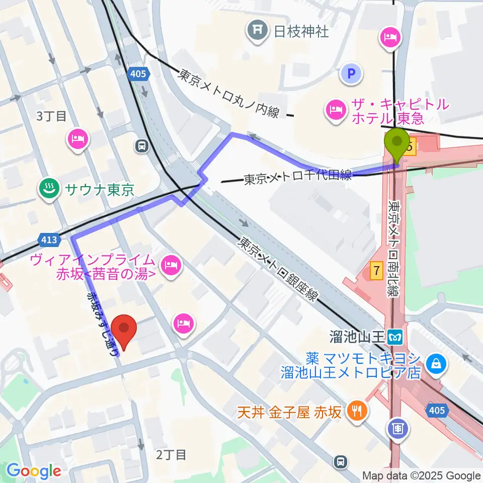 溜池山王駅からヴァーチュオーゾ赤坂へのルートマップ地図