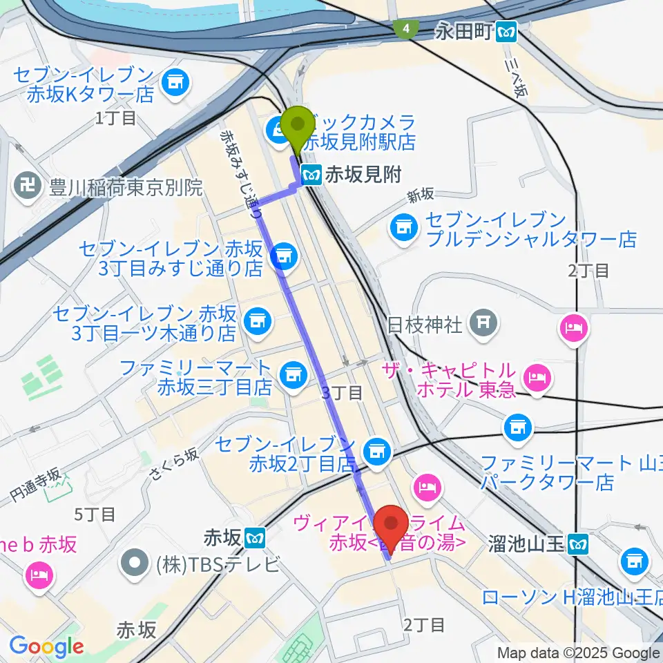 赤坂見附駅からヴァーチュオーゾ赤坂へのルートマップ地図