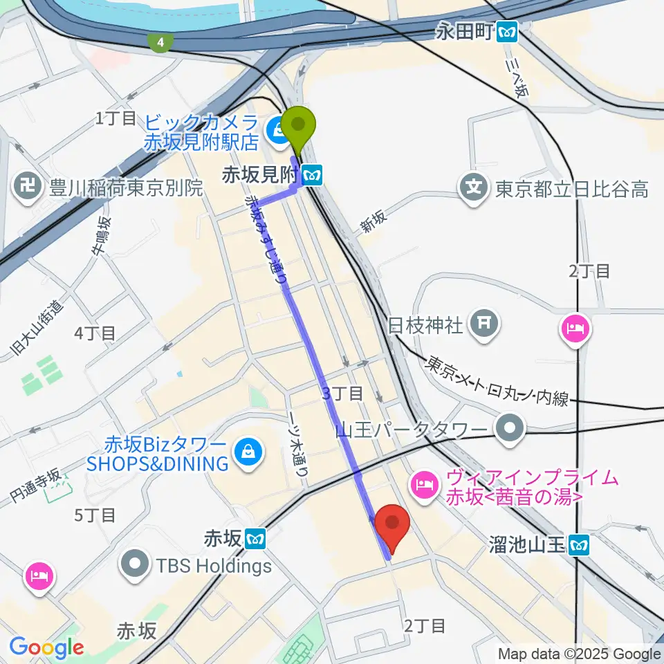 赤坂見附駅からヴァーチュオーゾ赤坂へのルートマップ地図