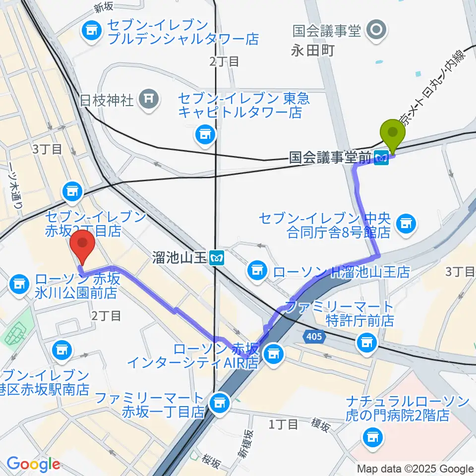 国会議事堂前駅からヴァーチュオーゾ赤坂へのルートマップ地図