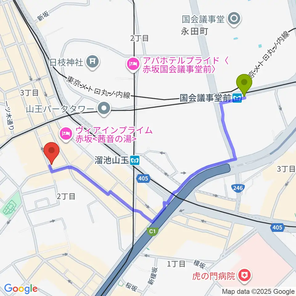 国会議事堂前駅からヴァーチュオーゾ赤坂へのルートマップ地図