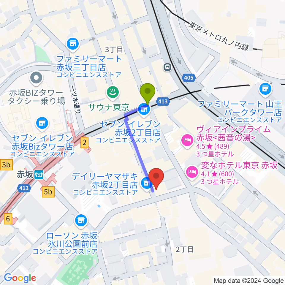 ヴァーチュオーゾ赤坂の最寄駅赤坂駅からの徒歩ルート（約2分）地図