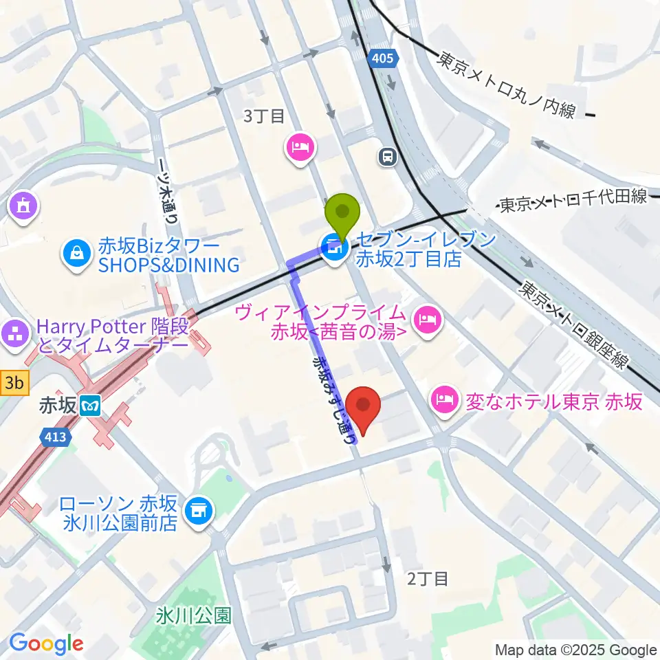 ヴァーチュオーゾ赤坂の最寄駅赤坂駅からの徒歩ルート（約2分）地図