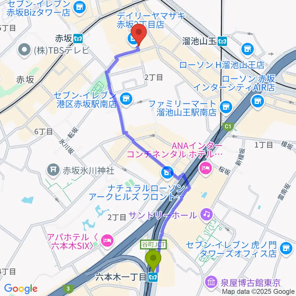 六本木一丁目駅からヴァーチュオーゾ赤坂へのルートマップ地図