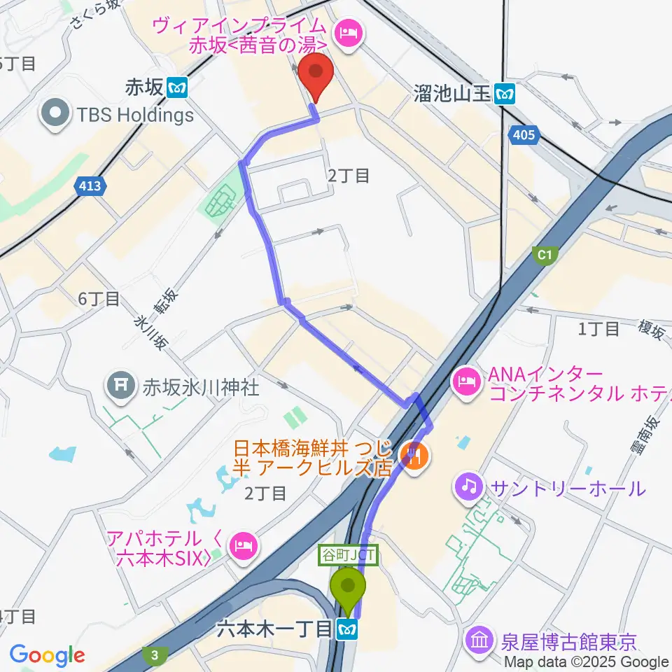 六本木一丁目駅からヴァーチュオーゾ赤坂へのルートマップ地図