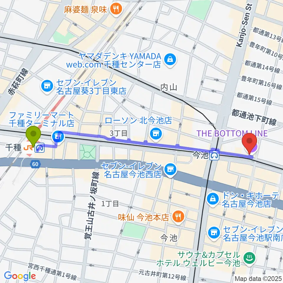 千種駅から名古屋ボトムラインへのルートマップ地図