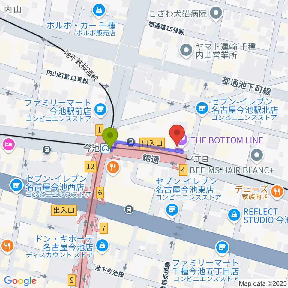 名古屋ボトムラインの最寄駅今池駅からの徒歩ルート（約2分）地図