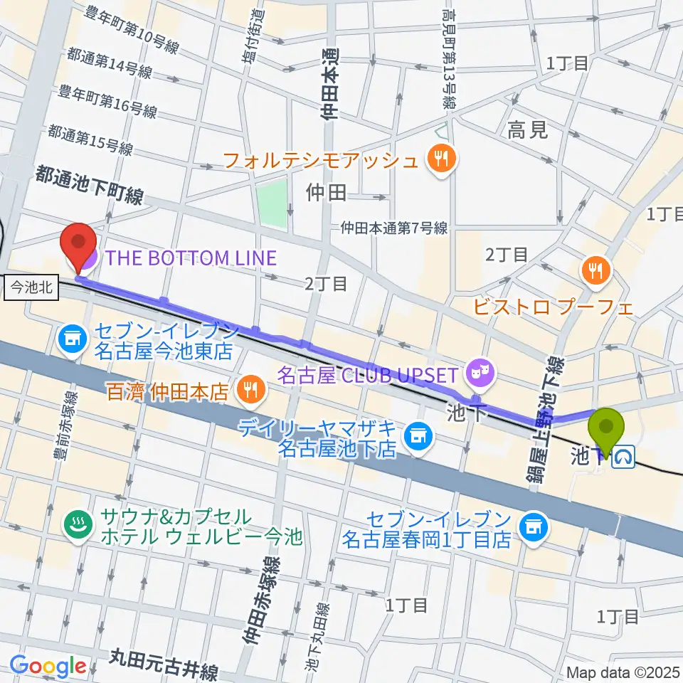 池下駅から名古屋ボトムラインへのルートマップ地図