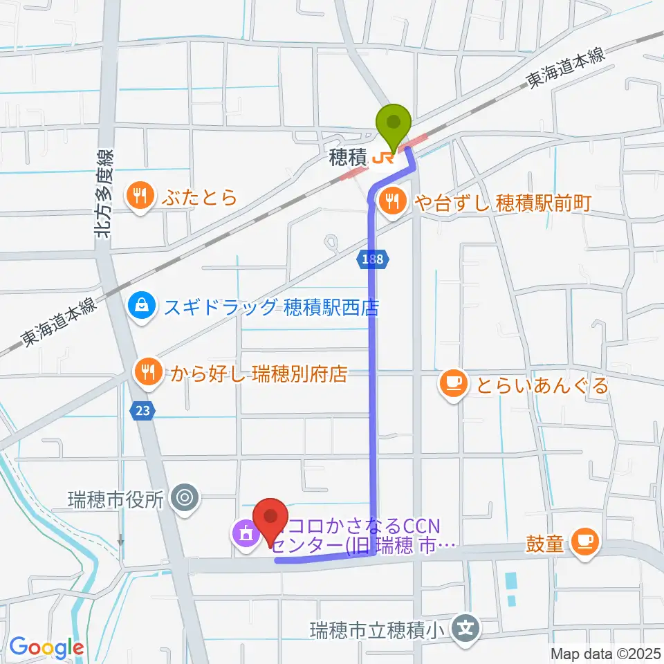 ココロかさなるCNNセンターの最寄駅穂積駅からの徒歩ルート（約10分）地図