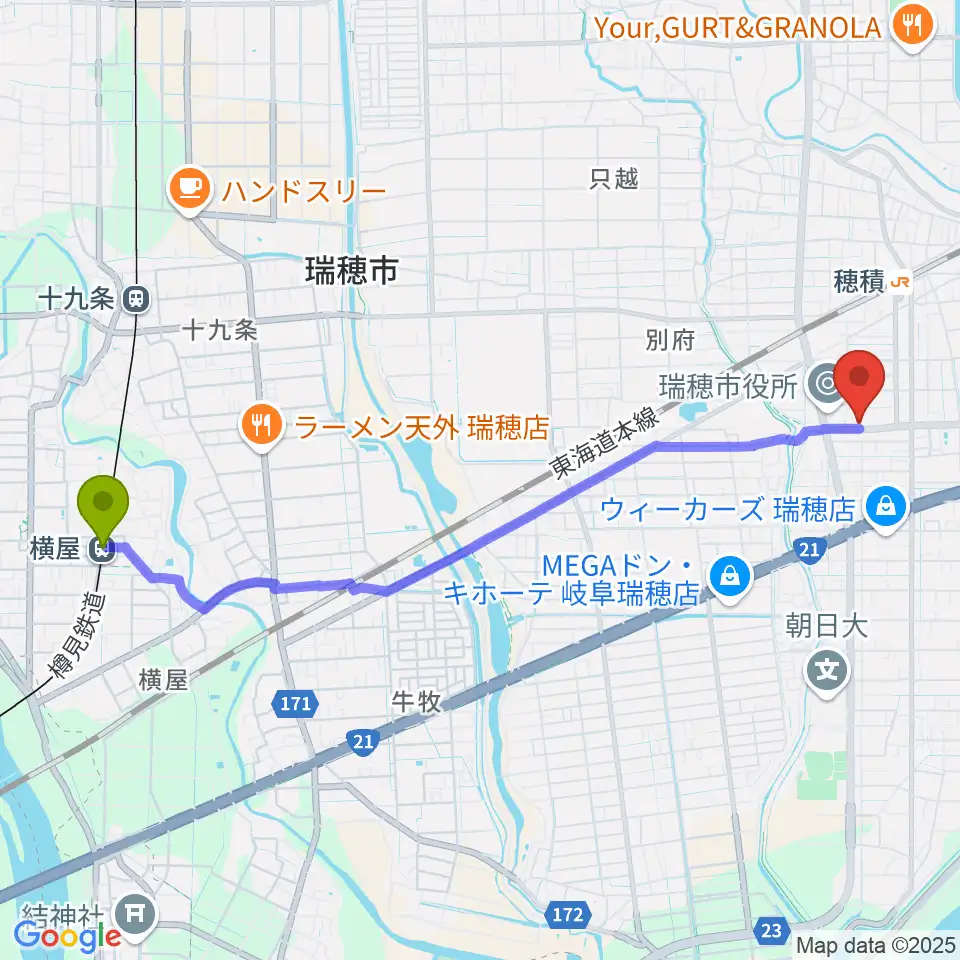 横屋駅からココロかさなるCNNセンターへのルートマップ地図