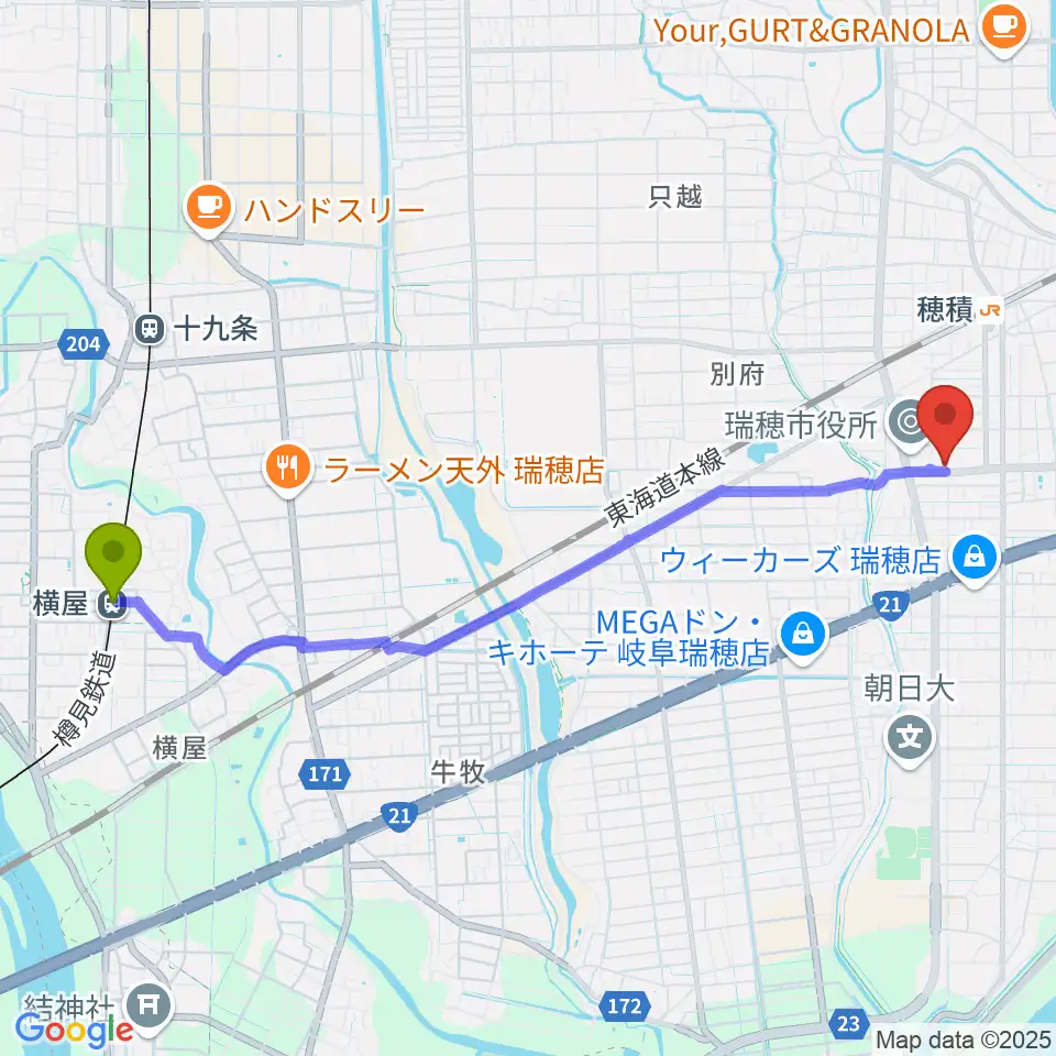 横屋駅からココロかさなるCNNセンターへのルートマップ地図