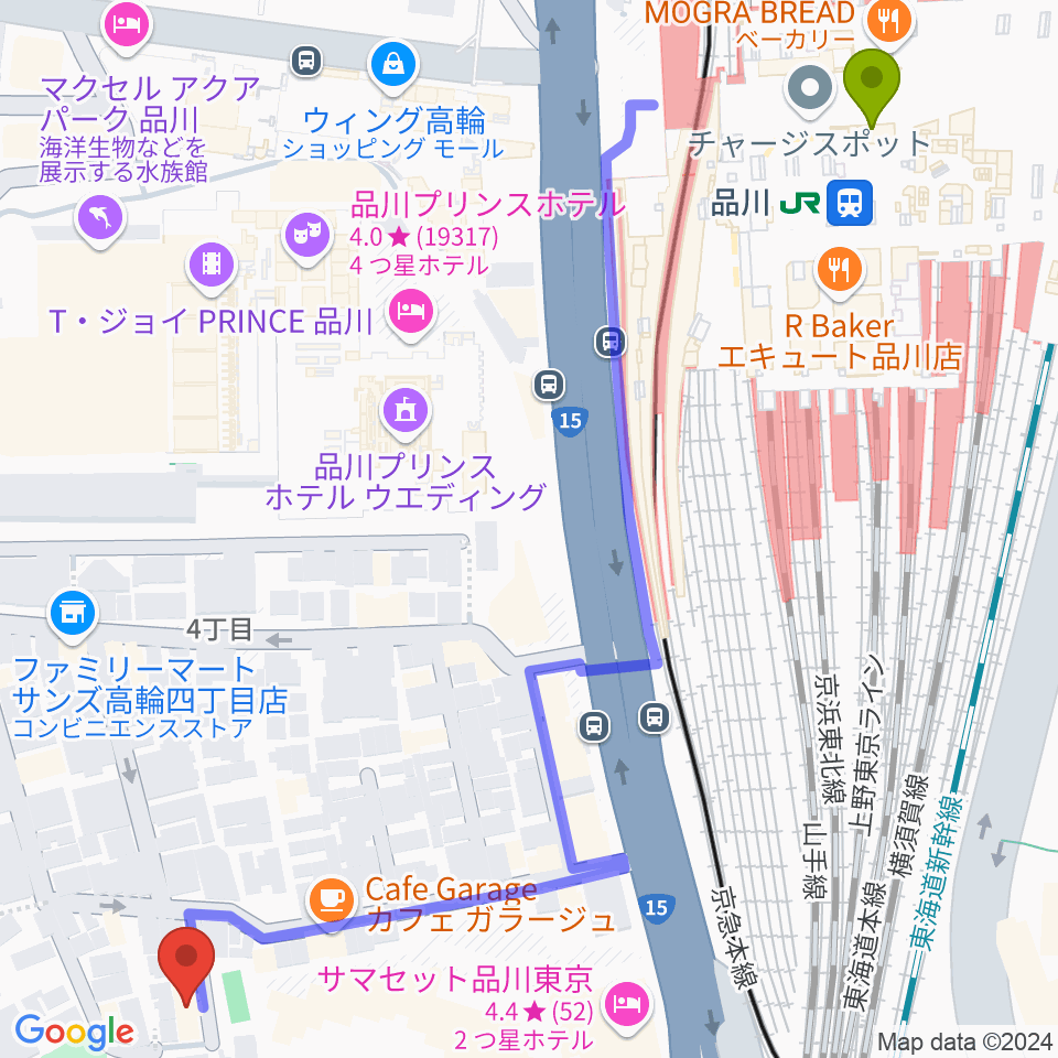 品川駅から高輪プリンセスガルテン アンビエンテ/アンディムジークへのルートマップ地図